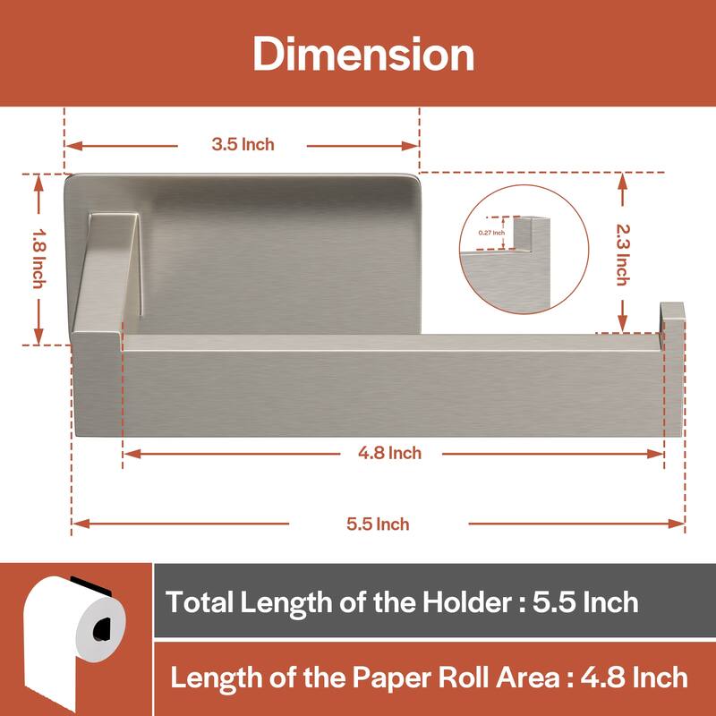 Self-Adhesive Stainless Steel Single Post Wall Mounted Toilet Paper Roll Holder, Brushed Nickel - Brushed Nickel - N/A
