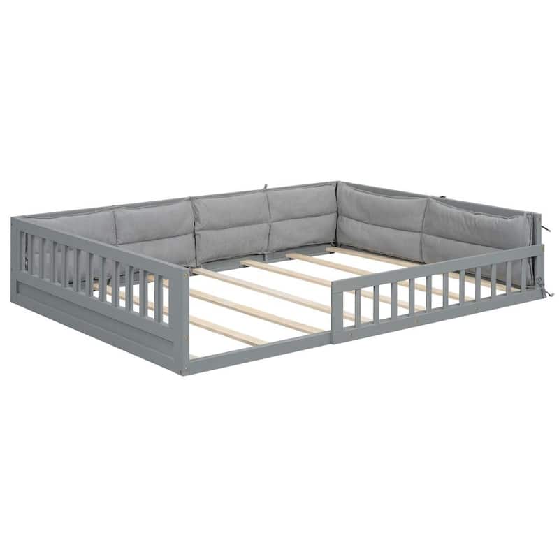 Wood Full Size Upholstered Platform Bed with Guardrail and Pillow, Beige