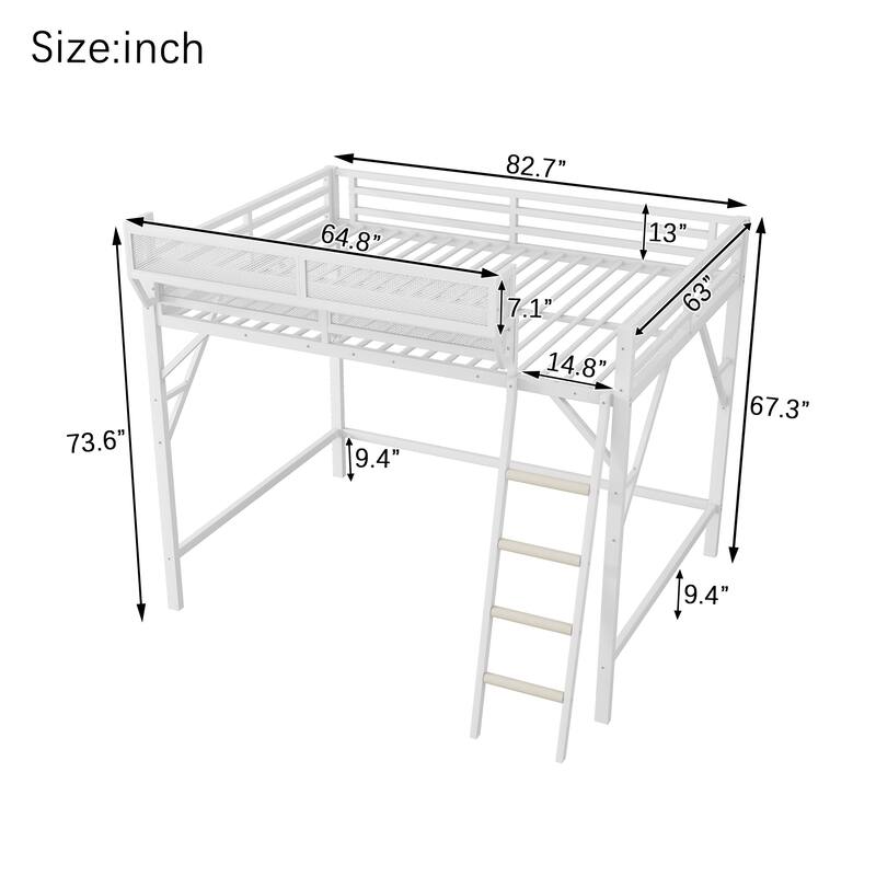 Queen Size Metal Loft Bed with Ladder and Storage Shelves, High Loft Bed Frame for Kids and Teens