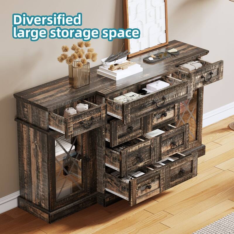 Moasis Farmhouse 59" TV Stands with 9 Drawers and Adjustable Shelves & Tempered Glass Doors