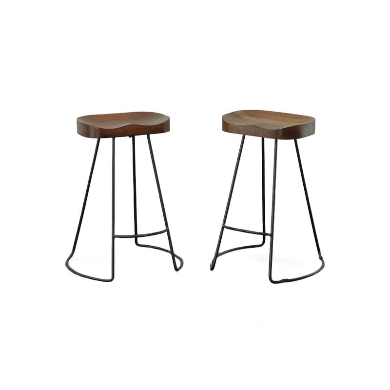 25” Set of 2 Backless Mango Wood Seat Bar Stool with Steel Frame and Footrest for Kitchen Island - 25.25”H x 18.5”W x 17”D