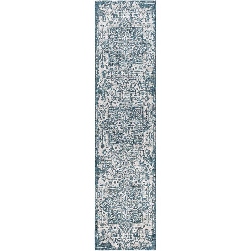 Livabliss Eagean Updated Traditional Medallion Indoor / OutdoorArea Rug - 2'7" x 12' - Aqua