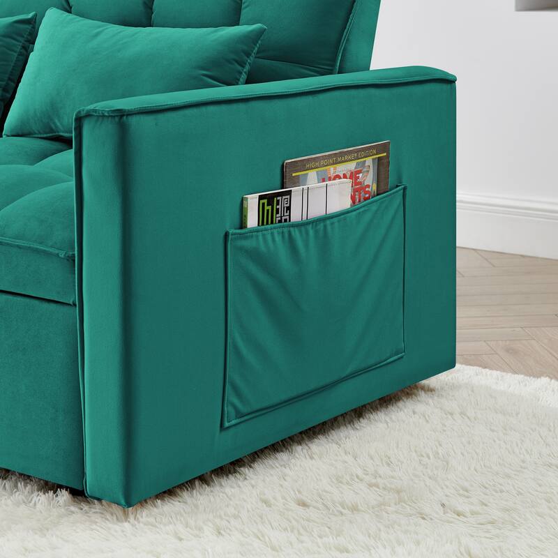 Velvet Foldable Sofa Bed, 3 In 1 Convertible Sofa Bed, Pull Out Couch Bed with Adjustable Backrest, Side Pockets & 2 Pillows