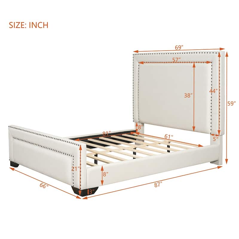 Queen Size Upholstered Bed, Upholstered Bed with Wooden Slats Support