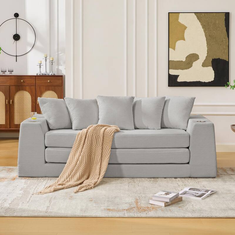 2 in 1 Convertible Sofa Bed, Sleeper Sofa with Storage Pockets, Pull Out Loveseat Couch with Two Cup Holders