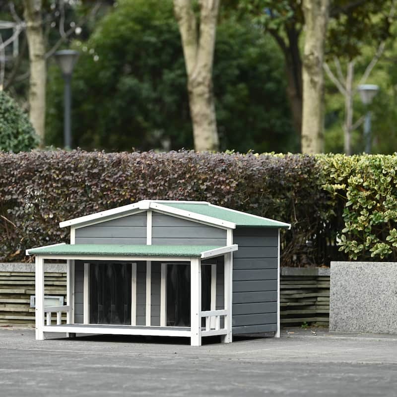48 Inch Dog House Outside With Porch,Dog House Medium With Fencing,Dog Kennel With Water-Resistant Asphalt Roof-Cuddlewood