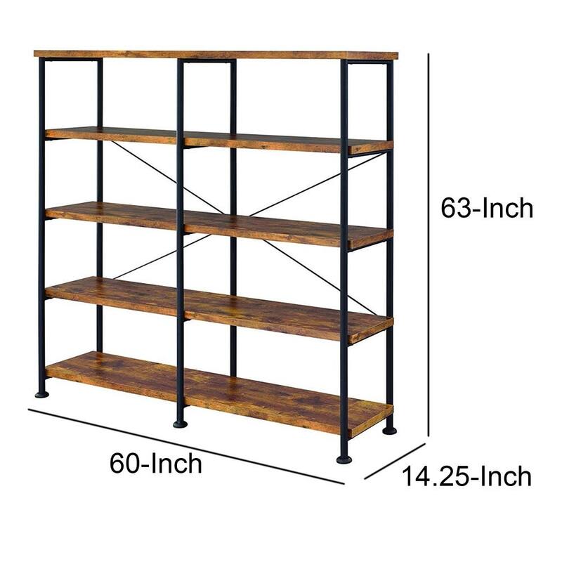 63 Inch Industrial 4 Tier Shelf Bookshelf, Particleboard, Metal Frame, Brown, Black - 63 H x 14.25 W x 60 L