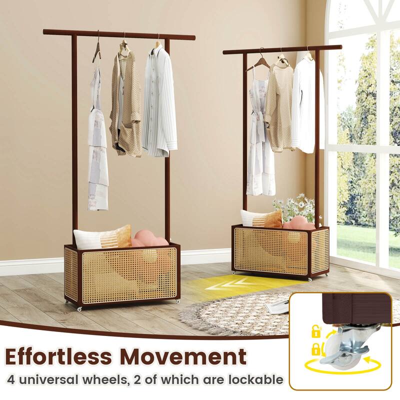 Costway Bamboo Clothes Rack with Rattan Storage Basket & Wheels, - See Details