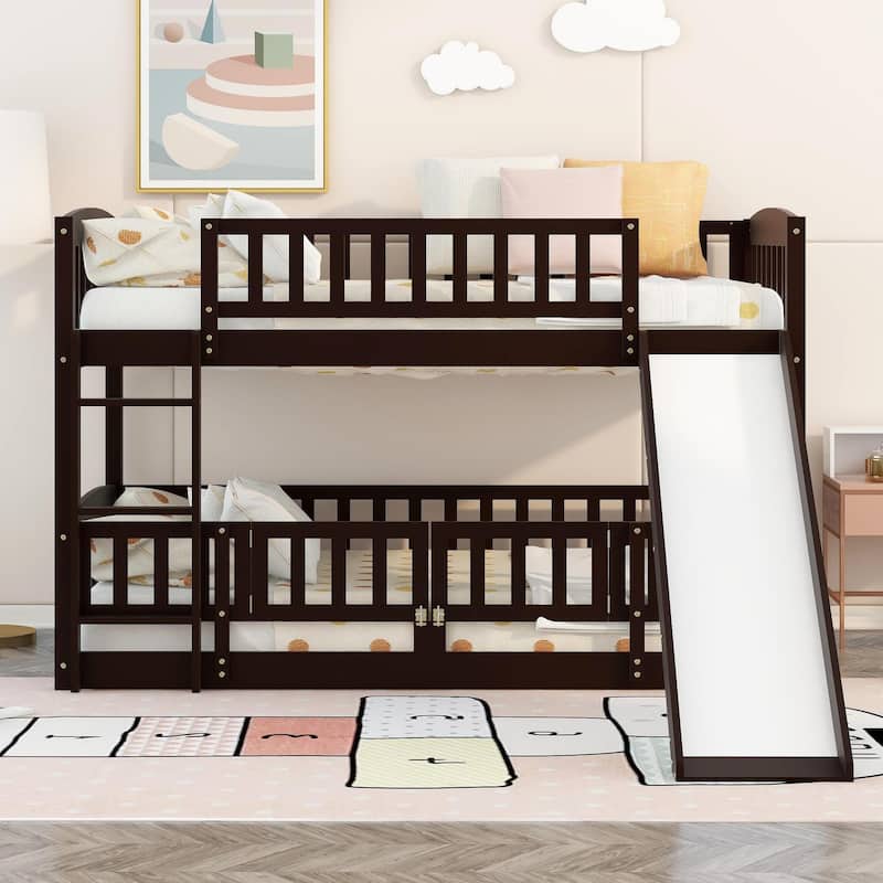 Solid Wood Low Bunk Bed with Slide,Fence and Ladder - Espresso - Twin