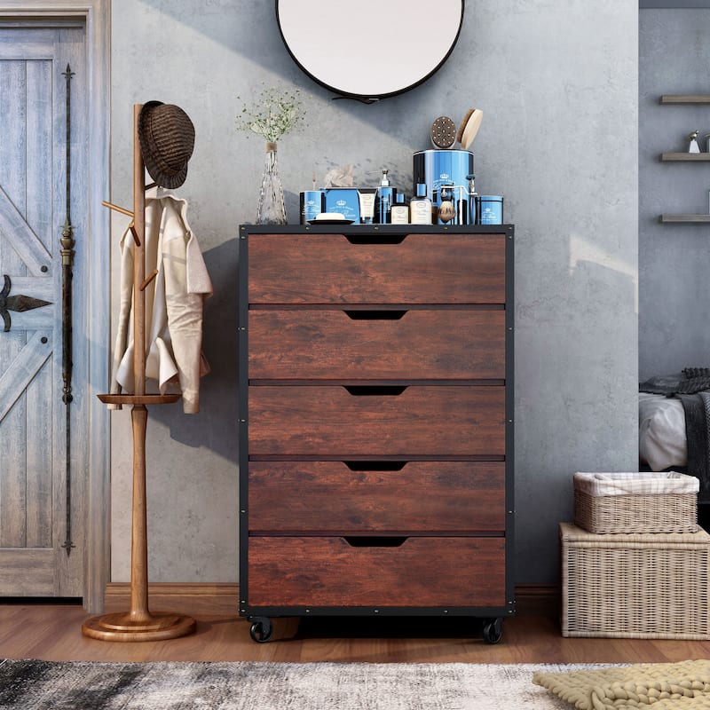 Aurville Vintage Walnut 5-Drawer Mobile Chest by Furniture of America