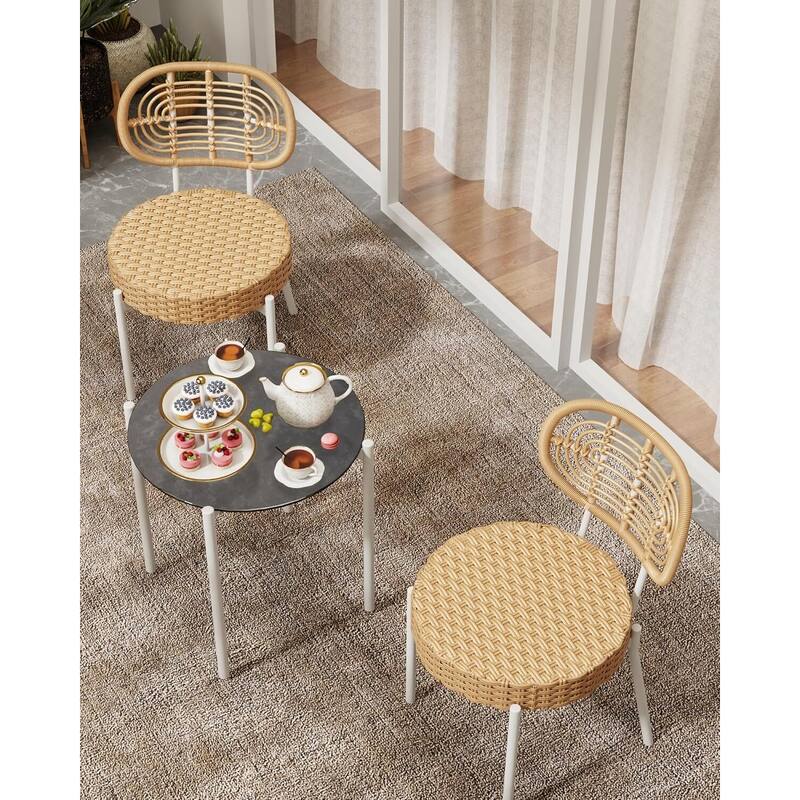 3 Piece Outdoor Bistro Set, Patio Rattan Bistro Set with Coffee Table, White Steel Frame + Grey Rattan - N/A - Brown