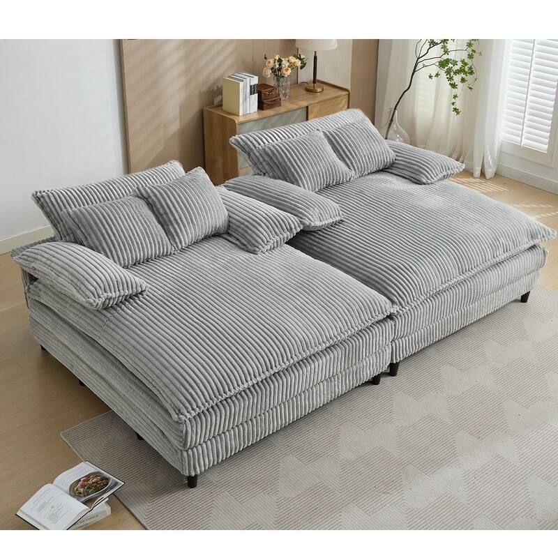 109" W Oversized Corduroy Lounge Chaise Sleeper Sofa 4 Pillows