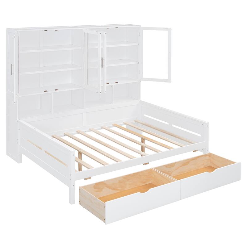 Bookcase Daybed with Storage Cabinets Wooden Captains Bed Built-in LED Lighting