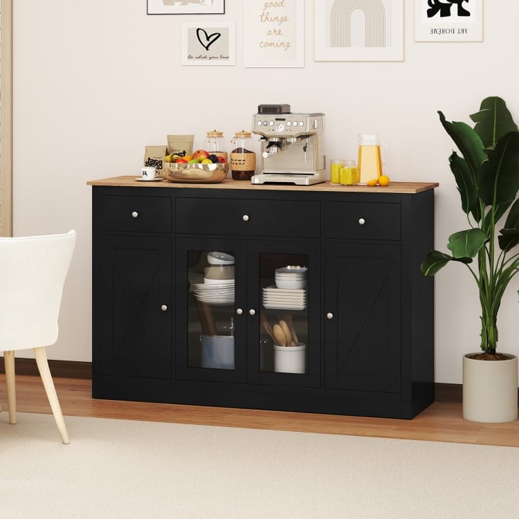 Black MDF and Engineered Wood Buffet Sideboard with Drawers and Cabinets - 55.5" × 16" × 35.5"