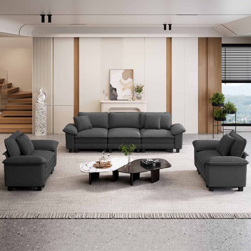 MAISON ARTS Modular Living Room Sofa Set, Comfy 5/6/7-Seat Sectional Couch with 3-Seater, Loveseat or Armchair - Grey Corduroy (5 Pieces) - Reversible