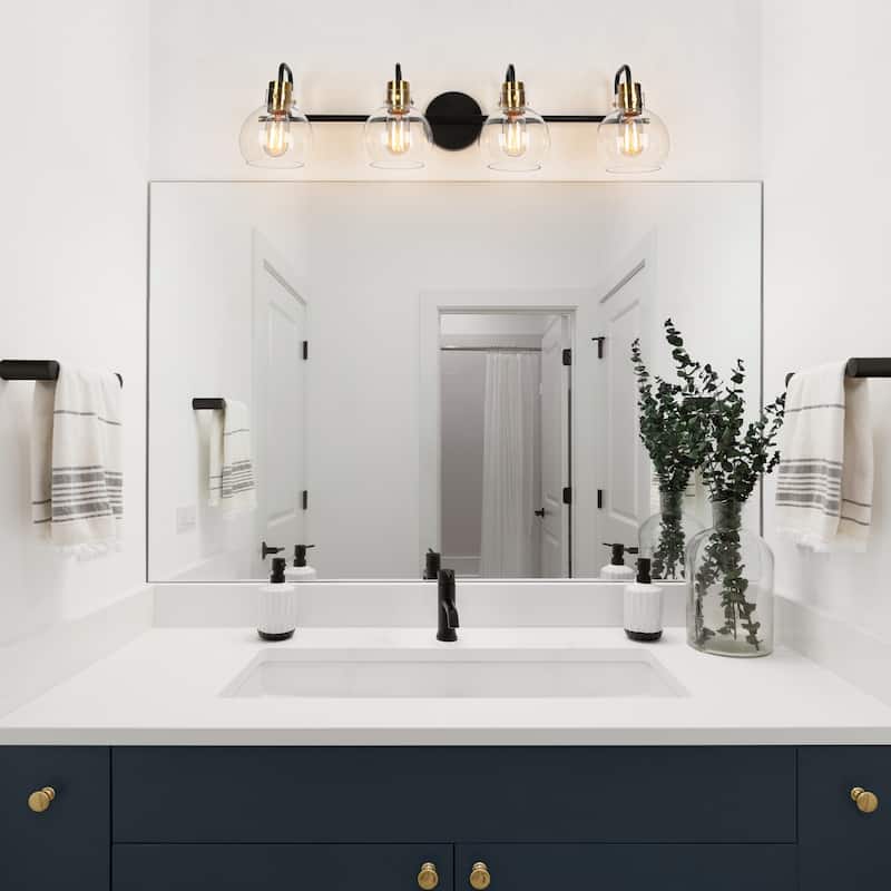 Modern Black Gold 4-Light Linear Bathroom Vanity Lights Globe Glass Wall Sconces - 32" L x 8" W x 8.5" H