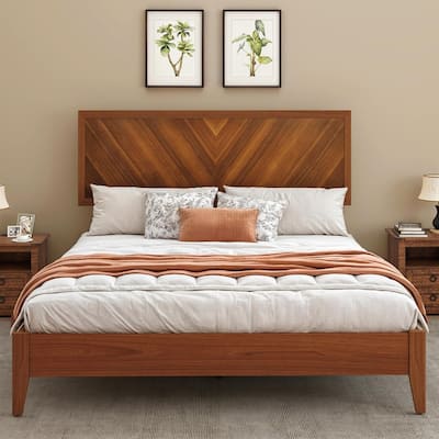 Moasis Farmhouse Rustic Brown Wood Bed Frame with Adjustable Headboard&Slats Support
