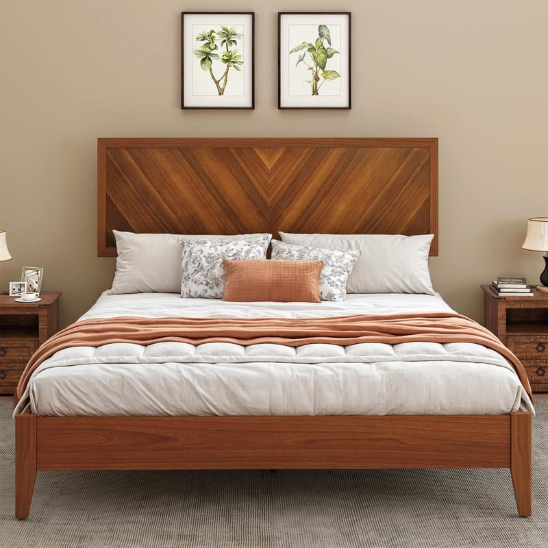 Moasis Farmhouse Rustic Brown Wood Bed Frame with Adjustable Headboard&Slats Support