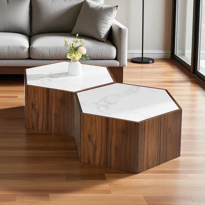 Hexagonal Rustic Coffee Table with Textured Marble Top, 2 Hidden Drawers, Light Brown Oak Finish, MDF