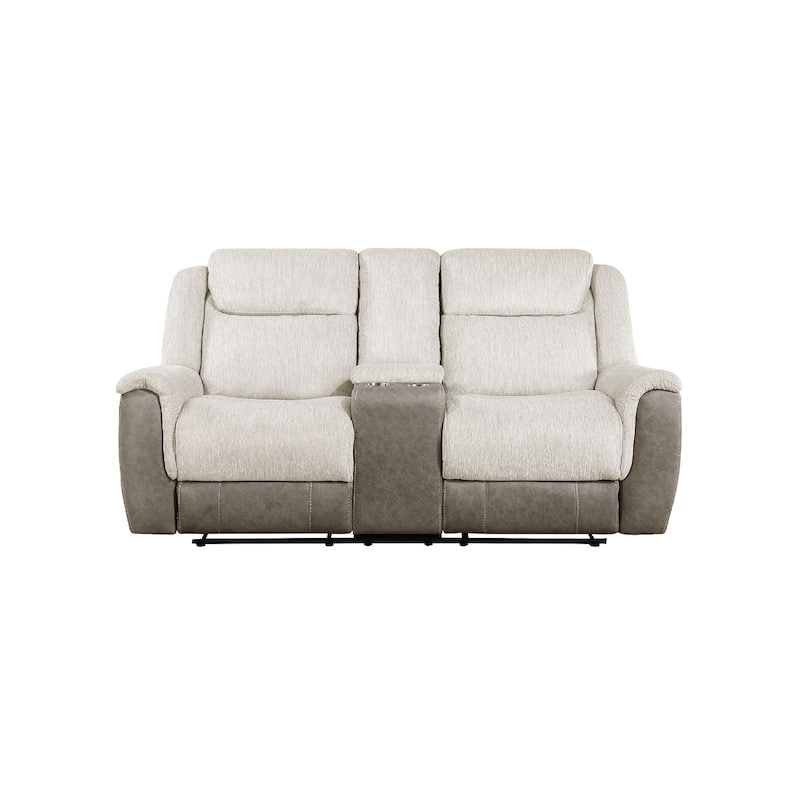 Feo Double Manual Reclining Loveseat with Console, Beige and Gray Chenille