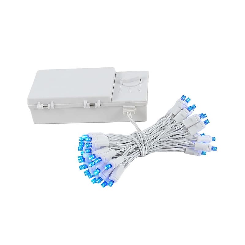 50 Light LED Battery Christmas Mini Light Set, White Wire, 18' Long - Blue