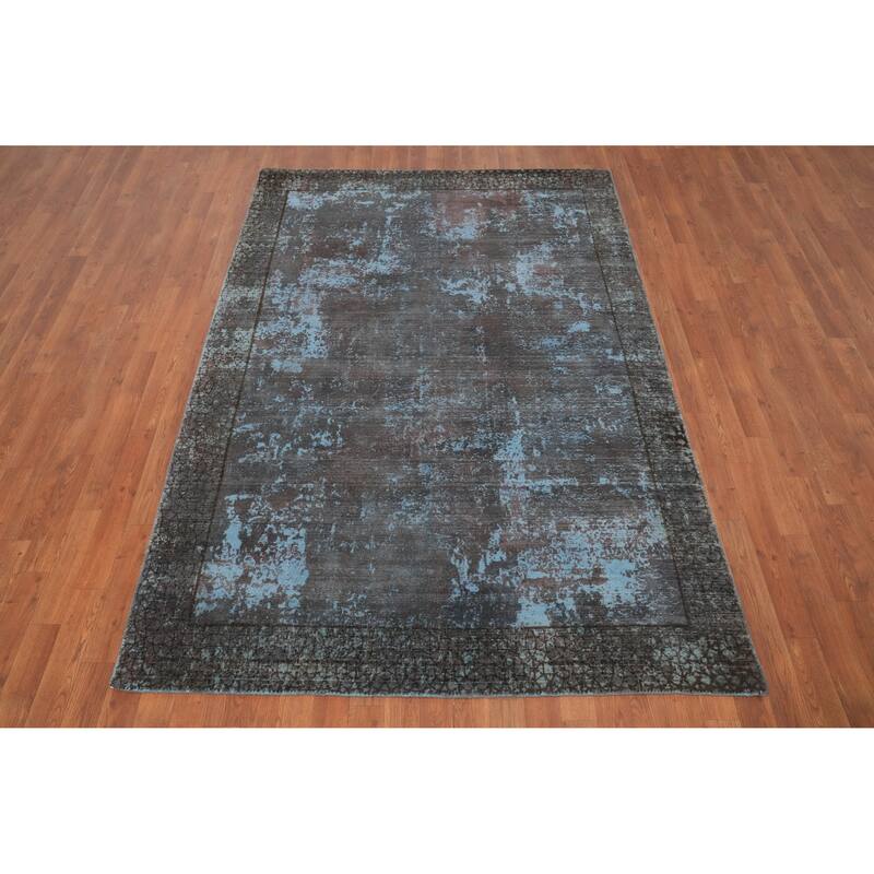 Hand Knotted Oriental Viscose Silk Carpet Modern Abstract Greys & Charcoal Abstract Area Rug - 7' 8'' X 5' 2''