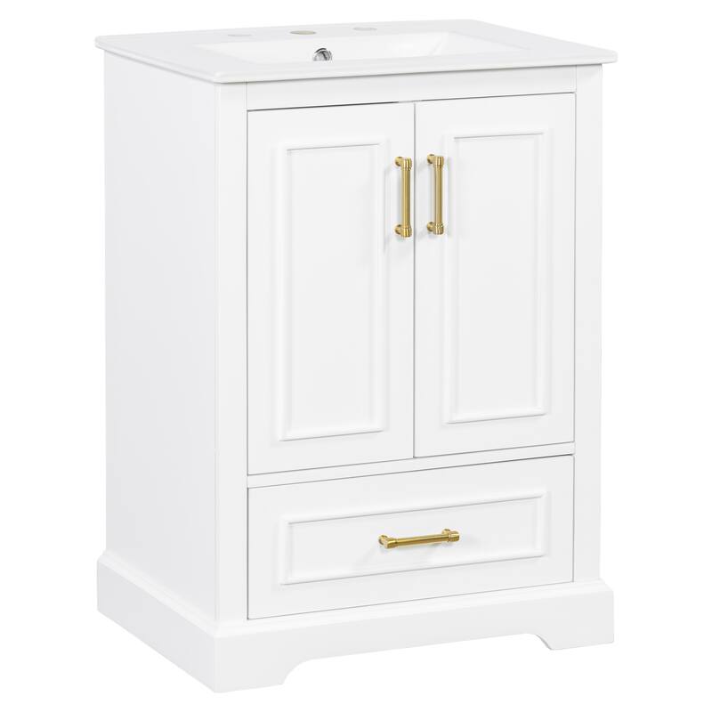 Bathroom Vanity with Ceramic Sink, Freestanding Bathroom Cabinet with Double Shelf, 1 Divided Drawer & 2 Soft Close Doors