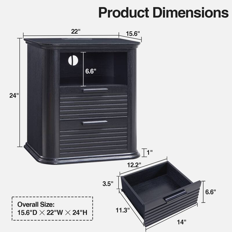 22" Fluted Night Stand with Charging Station, End Table with 2 Drawers & Open Storage, Side Tables Curved Profile Design