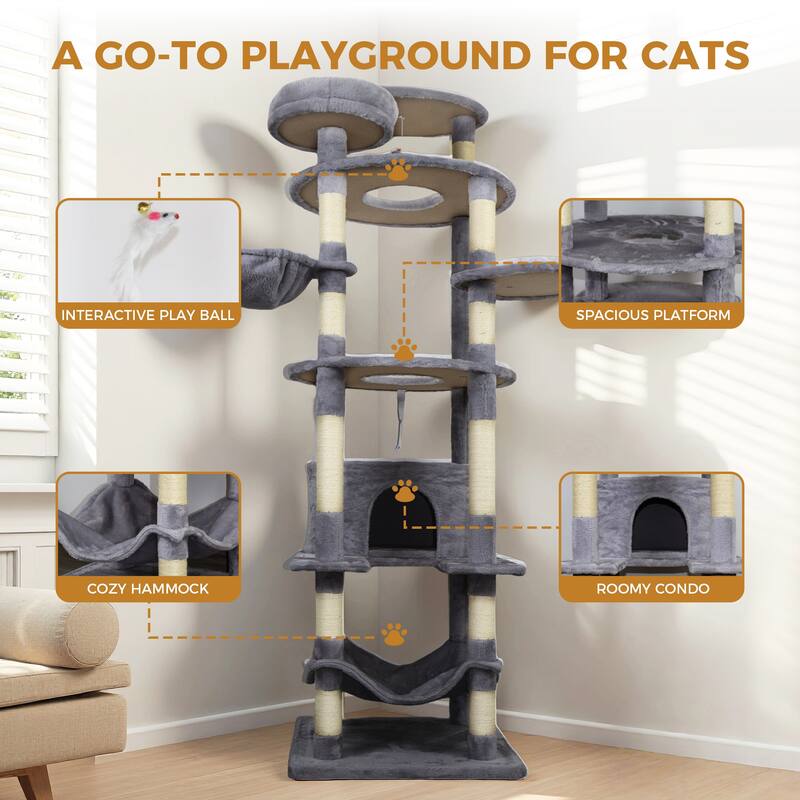 78.8 in Dark Gray Cat Tree Tower with Wide Base, 12 Sisal Scratching Post, Big Hammock,Many landing Perch and Interactive toy