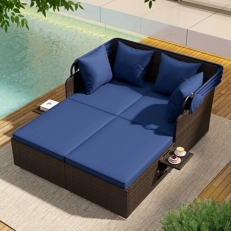 Costway Patio Rattan Daybed Lounge Retractable Top Canopy Side Tables - See Details