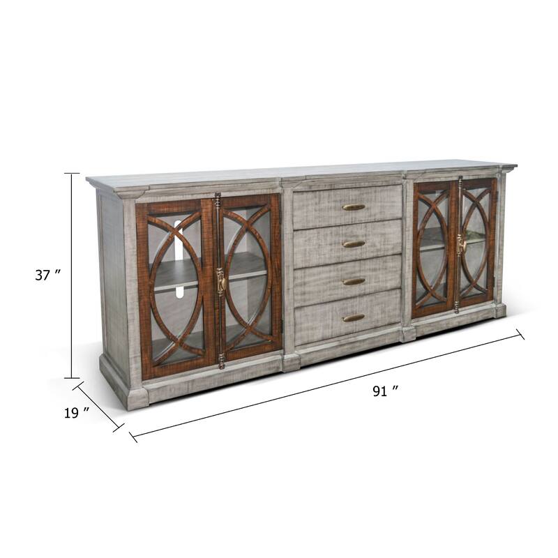 Camie TV Media Console, 4 Glass Cabinet Doors, Gray Solid Wood, 91 Inch