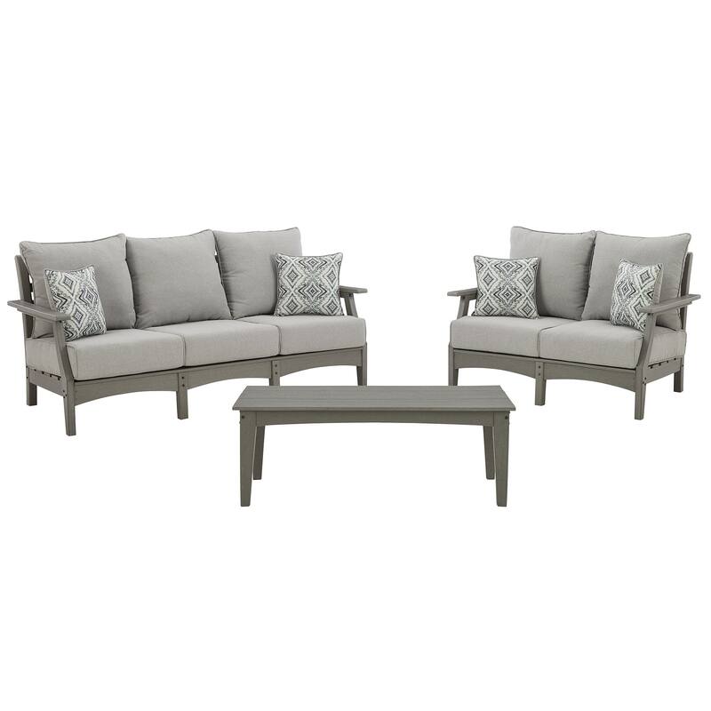 Signature Design by Ashley Visola Gray Outdoor Sofa and Loveseat with Coffee Table - 80"W x 33"D x 37"H