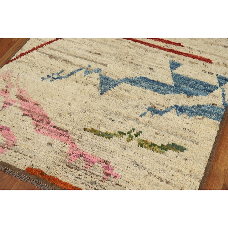 Abstract Moroccan Oriental Rug Hand-Knotted Modern Beige Wool Carpet - 3'9" x 6'2"