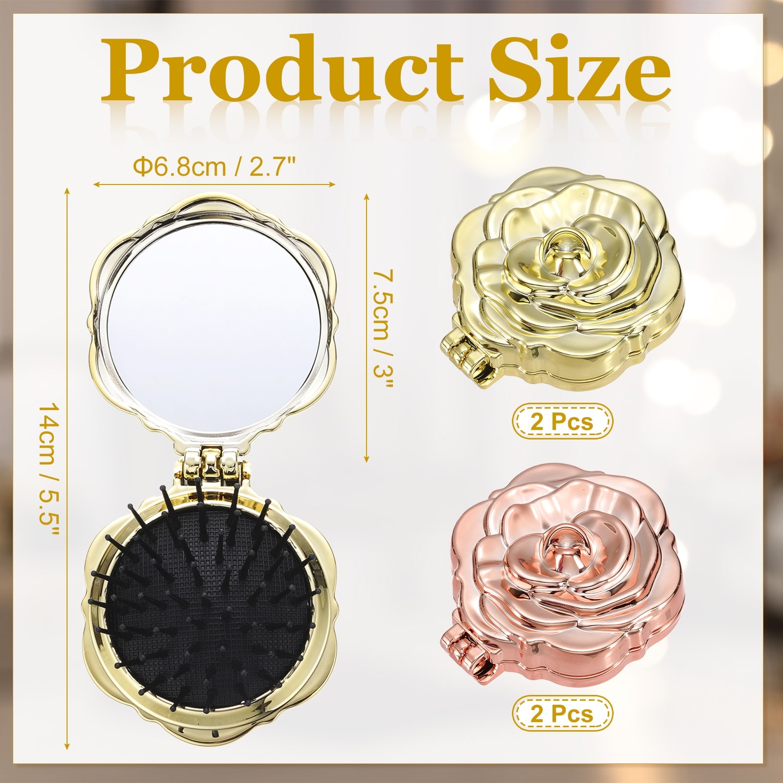 Travel Hair Brush with Mirror, Rose Shape Mini Massage Hairbrush Portable Makeup Pocket Folding for Women Girls Gym