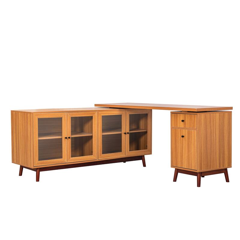 66.5" Large Office Desk with Drawers, Modern L-shaped Desk with Delicate Tempered Glass Cabinet Storage, Business Desk