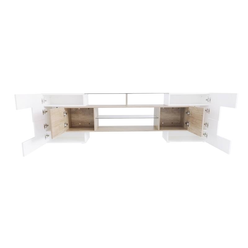 78.7 Modern TV Stand with LED-Lit Glass Shelves, High Gloss Finish, and Ample Storage for Media Devices