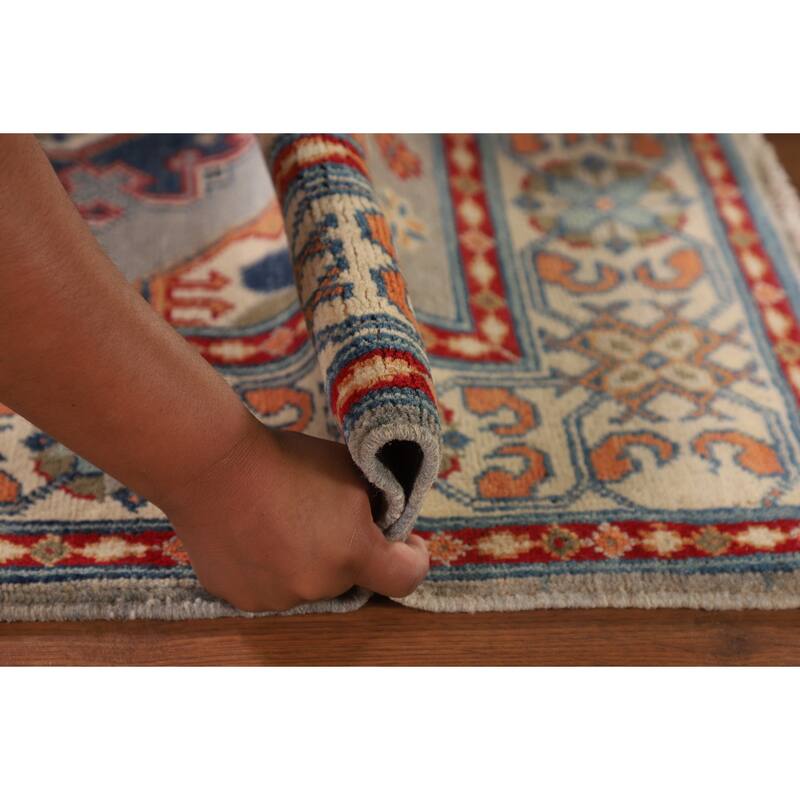 Kazak Oriental Accent Rug Handmade Gray Geometric Wool Carpet - 3'7"x 4'10"
