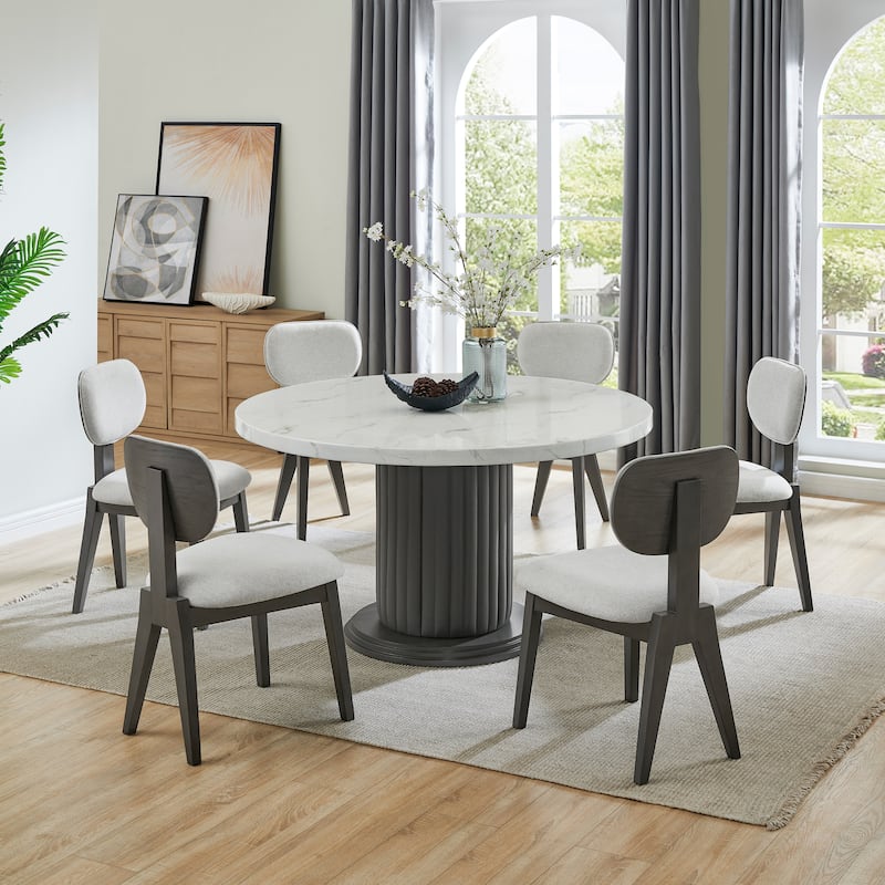 Valencia 7-Piece 54" Round White Faux Marble Dining Set with Gray PVC Upholstered Pedestal Base & Light Gray Fabric Chairs