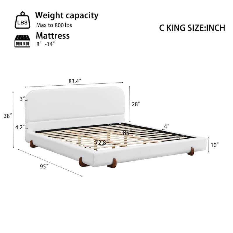 Modern Upholstered Bed Frame with 4-Inch Thick Panels, Fabric Design and Solid Rubberwood Legs, California King/King