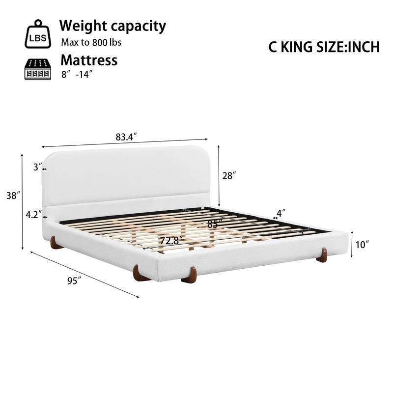 Roomfitters California King Upholstered Bed Frame, White Fabric with Solid Wood Legs, Modern Design