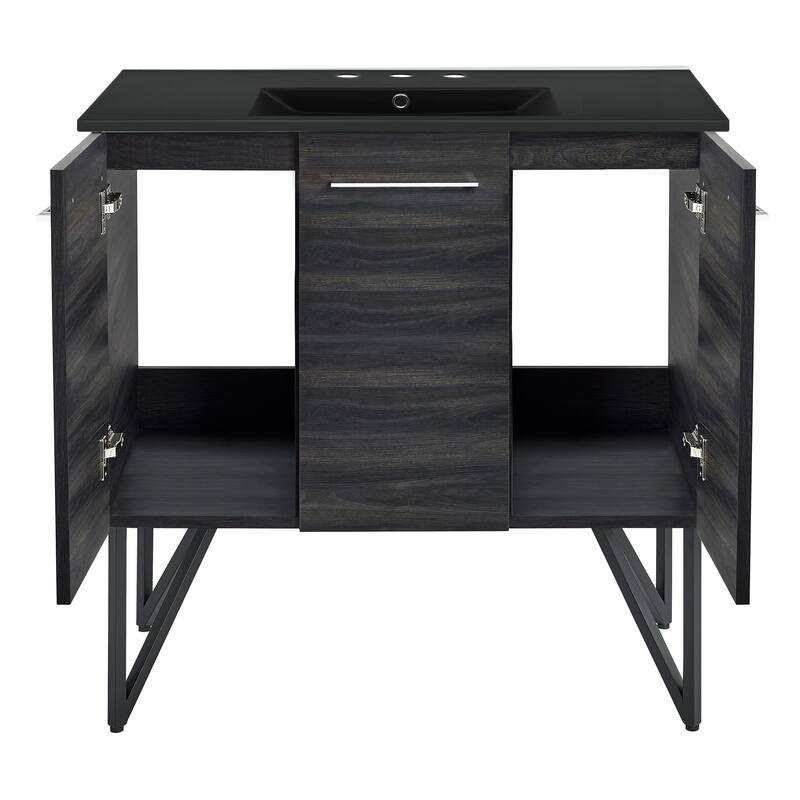 Annecy 36 In. Black Walnut Bathroom Vanity With Black, 3-Hole Ceramic Sink Top