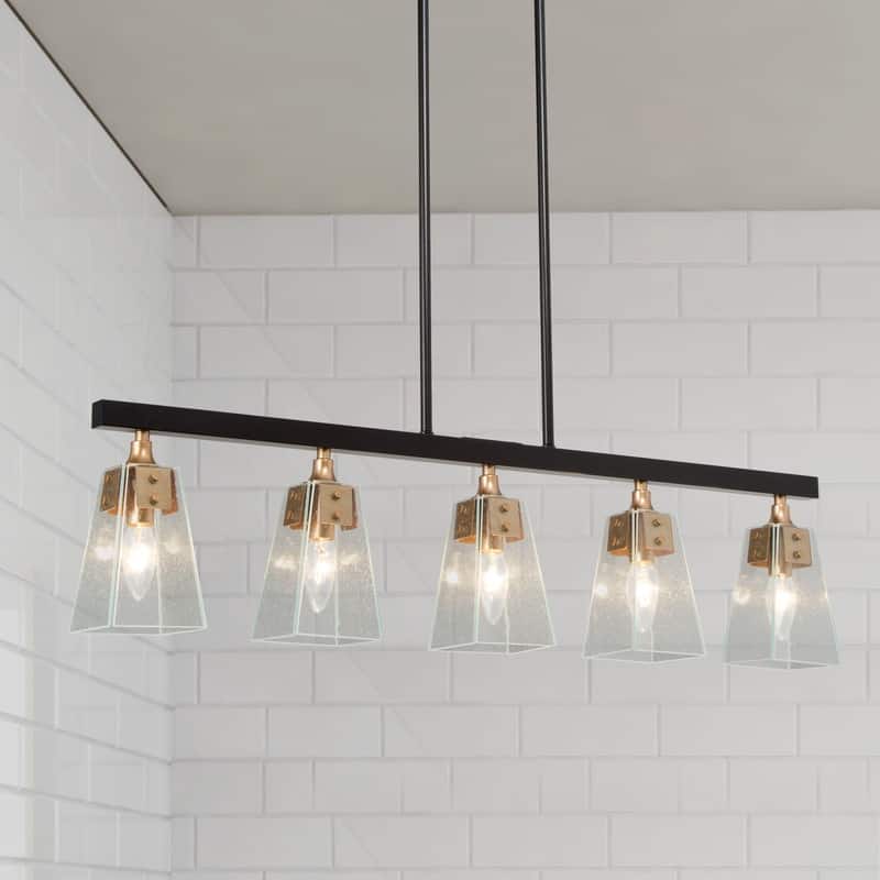 Luray Modern 5-Light Linear Glass Farmhouse Chandelier Brass Black Dining Room Island Lights - L34.2"*W3.54"*H8.7"