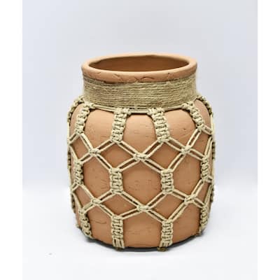 Mud Mason Jar Vase with Jute Rope - 8.25" - Camel Brown