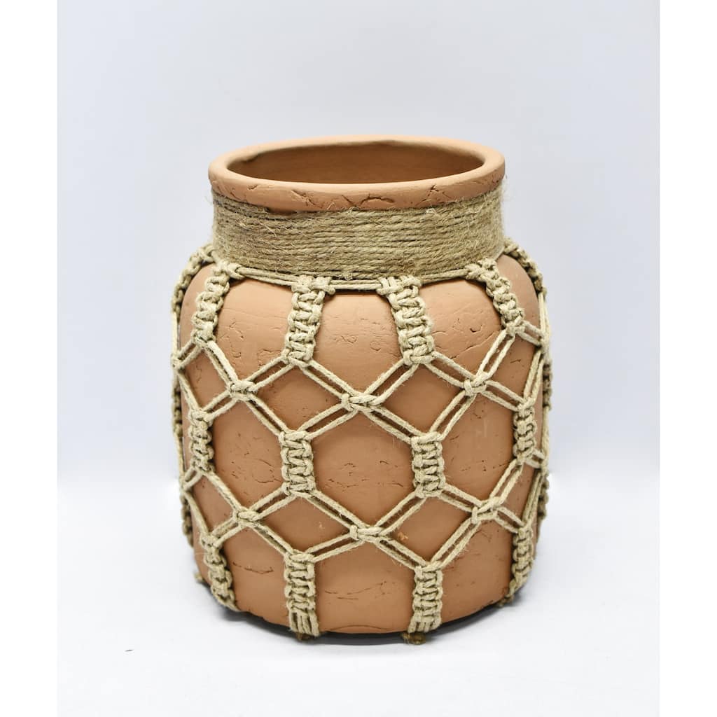 Mud Mason Jar Vase with Jute Rope - 8.25" - Camel Brown