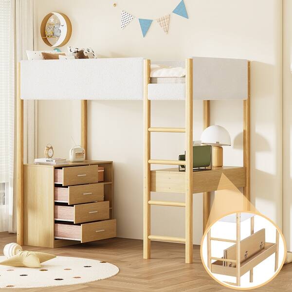 slide 2 of 86, Modern Teddy Fleece Loft Bed with Storage Shelf, Drawers & Desk, Multi-Functional Wood Loft Bed Frame w/Soft Padding Natural - Twin