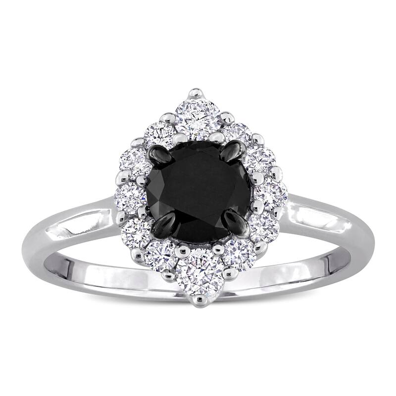 Miadora 1 2/5ct TW Black White Diamond Halo Engagement Ring in 14k White Gold