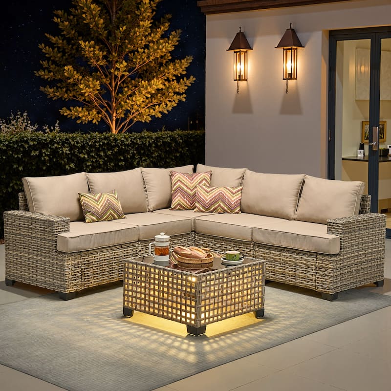 OVIOS 6 Pieces T shaped Seat Wide Armrest Set With Solar-Powered Coffee Table - Beige