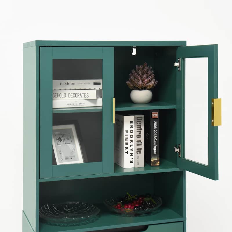 Tall Kitchen Pantry Cabinet with 2 Glass Display Doors & 2 Solid Doors