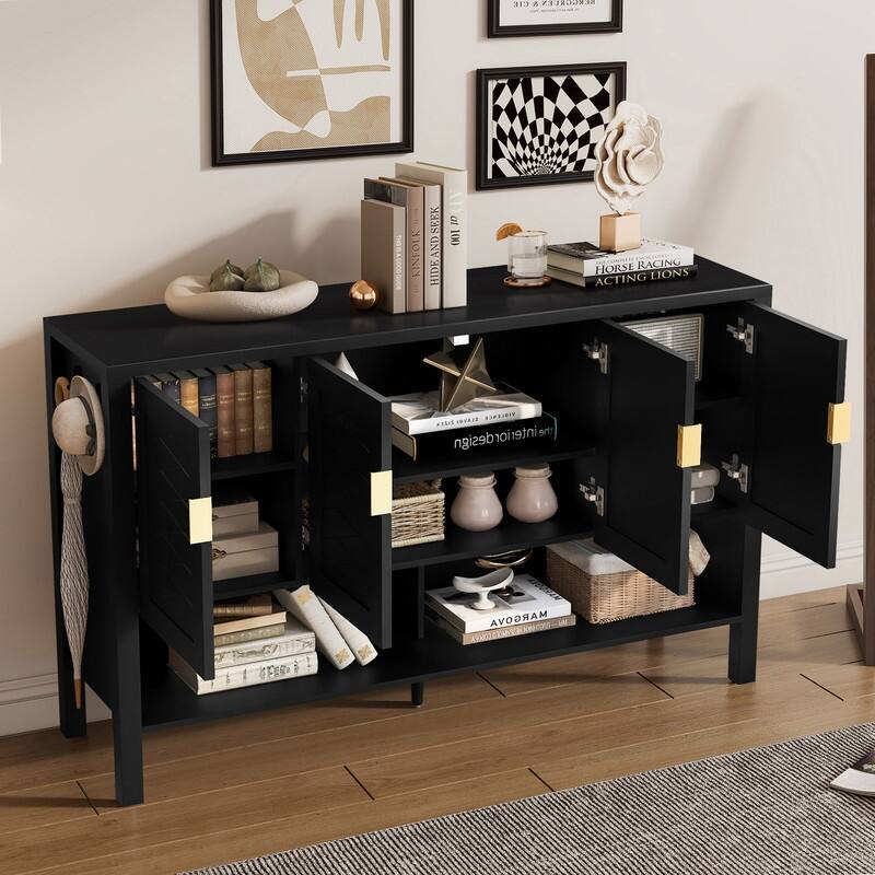 Modern 55.1" Storage Sideboard with 4-Doors, Multi Functional Buffet Table with Open Shelf and Adjustable Shelves