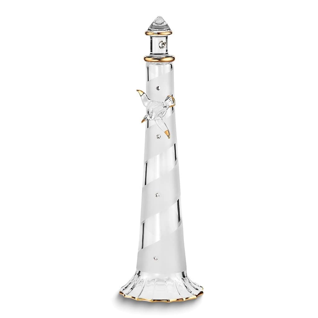 Curata Lighthouse and Seagull Handcrafted Glass Figurine with 22k Gold Trim